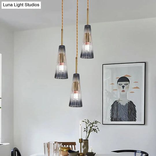 Restaurant Multi Lamp Pendant Light With Brass Down And Grey Prismatic Glass Shade