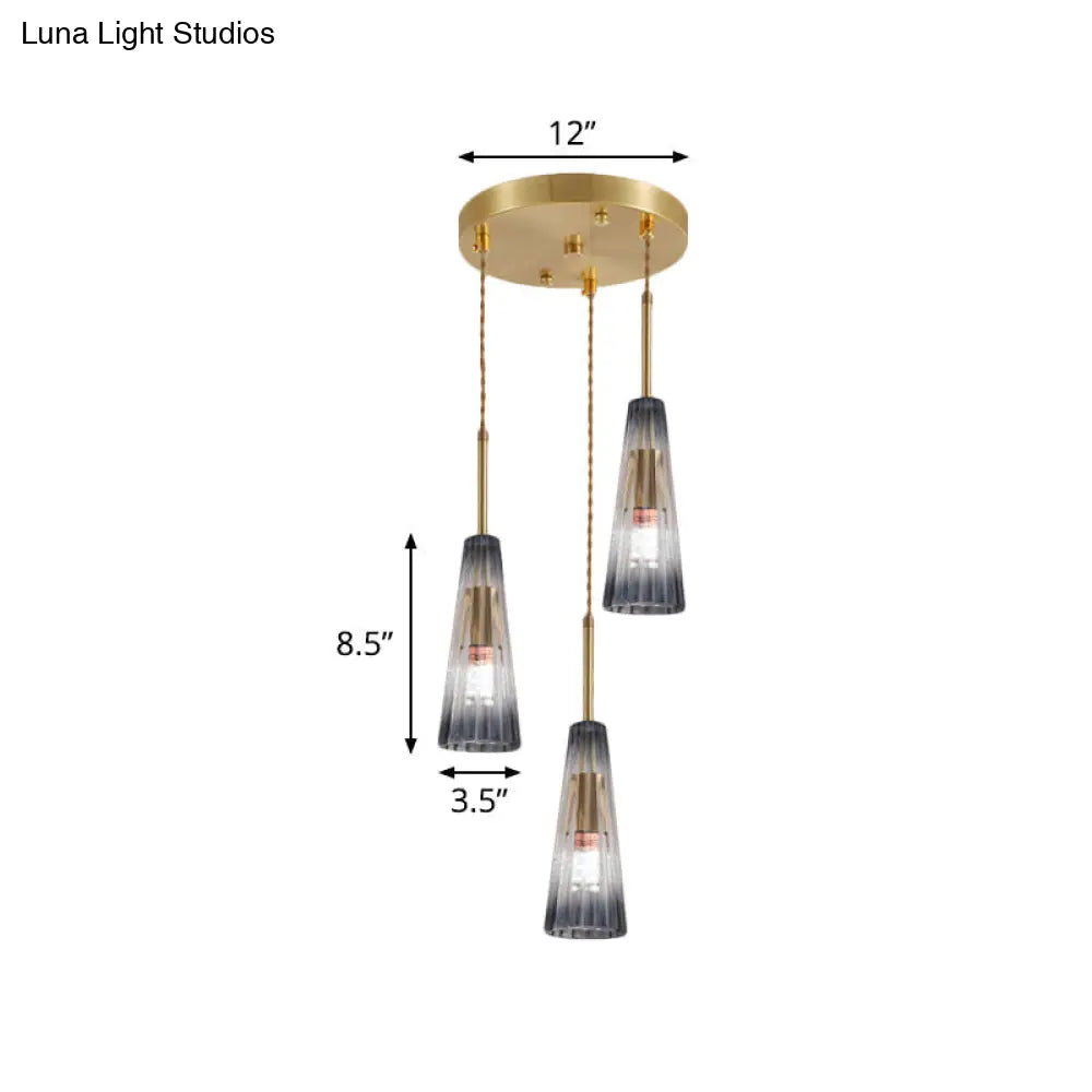 Restaurant Multi Lamp Pendant Light With Brass Down And Grey Prismatic Glass Shade