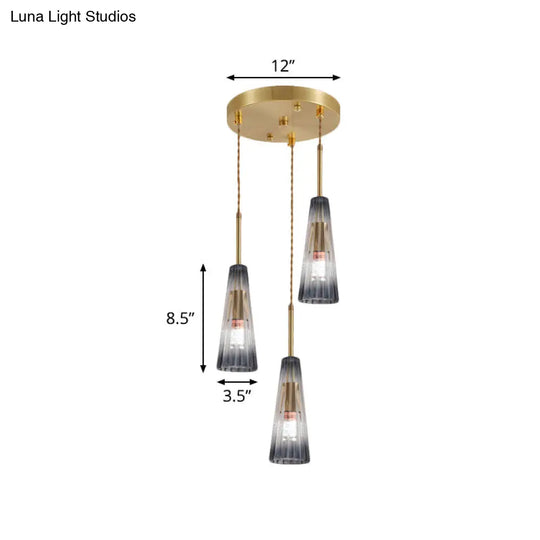 Restaurant Multi Lamp Pendant Light With Brass Down And Grey Prismatic Glass Shade