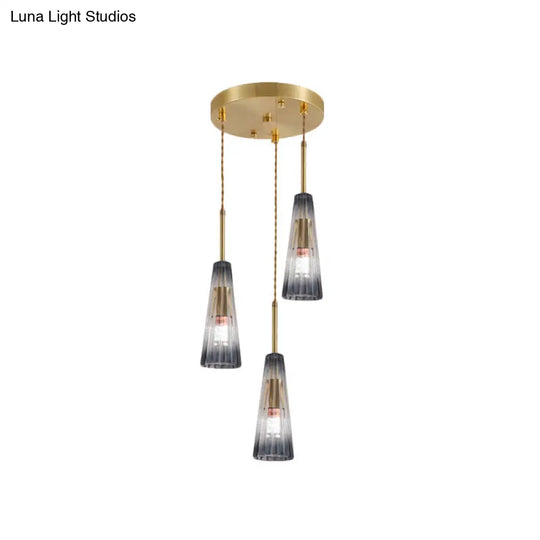 Restaurant Multi Lamp Pendant Light With Brass Down And Grey Prismatic Glass Shade