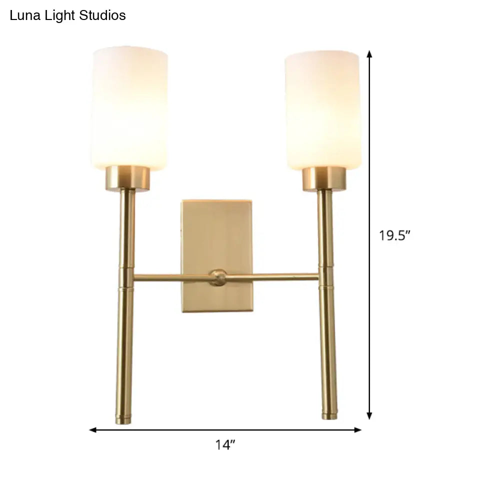 Contemporary Brass Sconce With White Glass Shade - Mounted Dual Bulb Wall Light