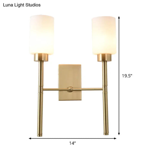 Contemporary Brass Sconce With White Glass Shade - Mounted Dual Bulb Wall Light