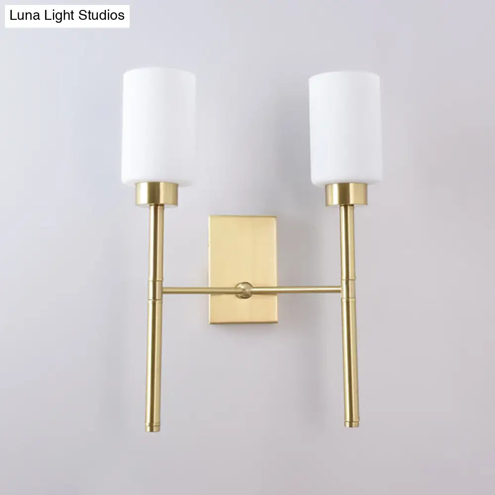 Contemporary Brass Sconce With White Glass Shade - Mounted Dual Bulb Wall Light