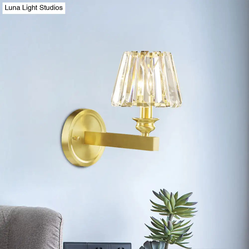 Contemporary Brass Tapered Sconce Light Fixture With Beveled Crystal Wall Mounted Lamp