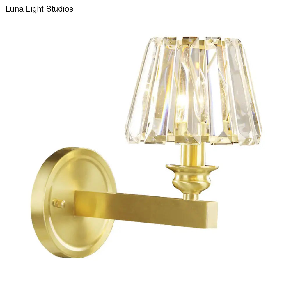 Contemporary Brass Tapered Sconce Light Fixture With Beveled Crystal Wall Mounted Lamp