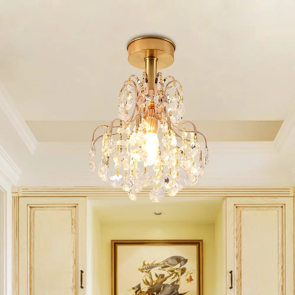 Contemporary Brass Teardrop Semi Flush Light With Crystal Shade - Ideal For Corridors