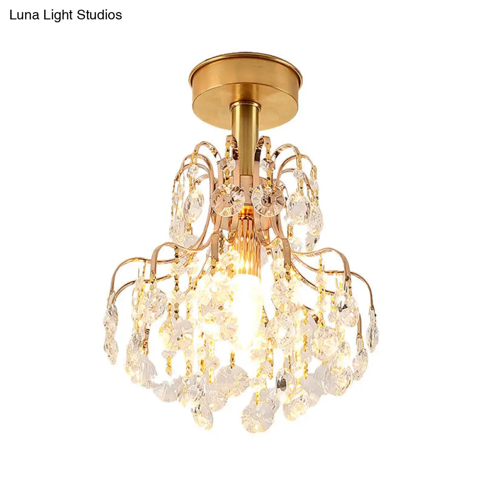 Contemporary Brass Teardrop Semi Flush Light With Crystal Shade - Ideal For Corridors