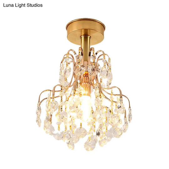 Contemporary Brass Teardrop Semi Flush Light With Crystal Shade - Ideal For Corridors