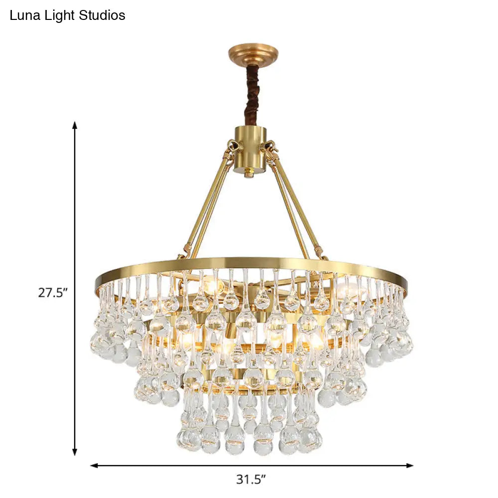 Contemporary Brass Tiered Chandelier With Led Crystal Orbs - Stylish Hanging Lamp For Living Room