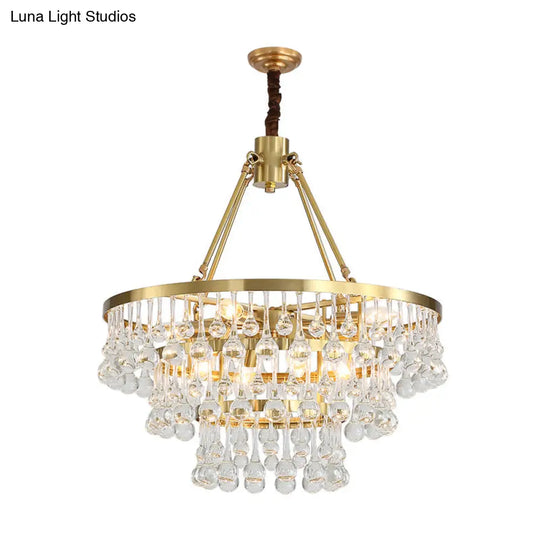 Contemporary Brass Tiered Chandelier With Led Crystal Orbs - Stylish Hanging Lamp For Living Room