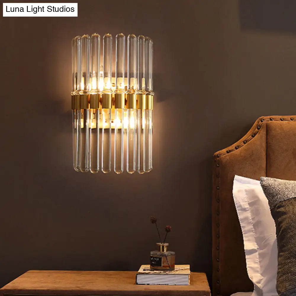 Contemporary Brass Wall Sconce Light Fixture With Crystal Shade - 2-Light Living Room Mount Lighting