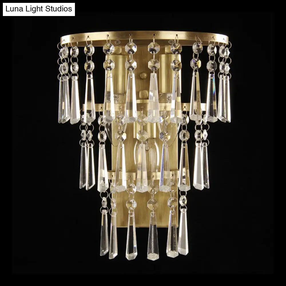 Contemporary Brass Wall Sconce Lighting: Crystal Flute Tiered Hall Mounted Light