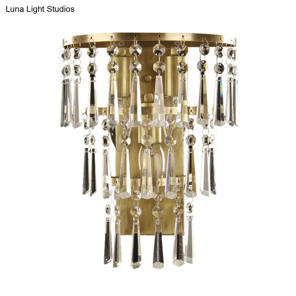 Contemporary Brass Wall Sconce Lighting: Crystal Flute Tiered Hall Mounted Light