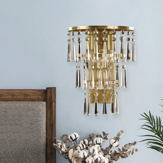 Contemporary Brass Wall Sconce Lighting: Crystal Flute Tiered Hall Mounted Light