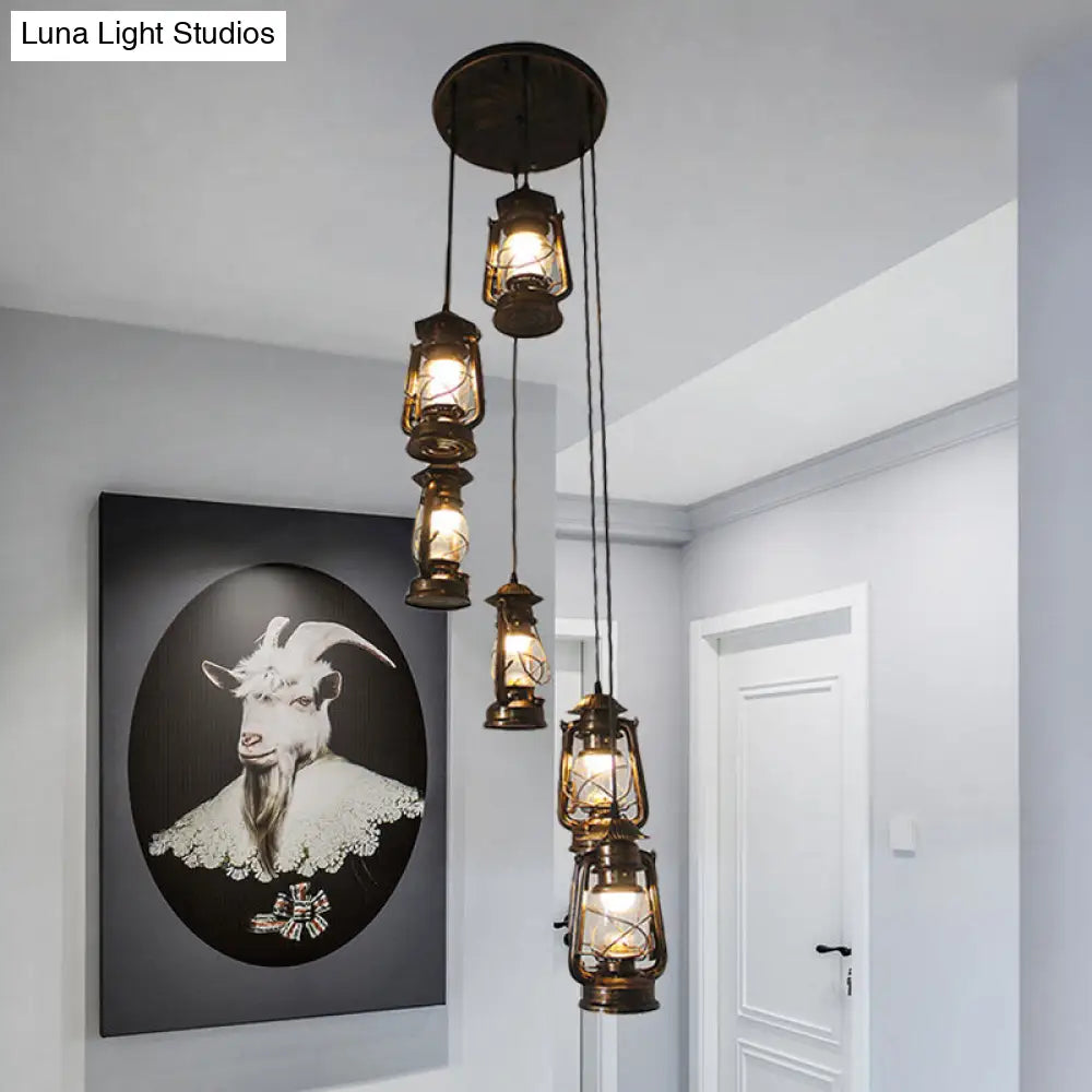 Contemporary Bronze Lantern Stair Pendant - 6 Bulbs Metallic Hanging Lamp