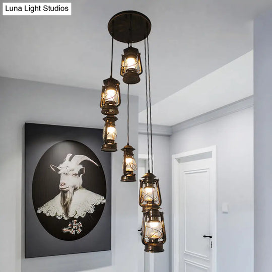 Contemporary Bronze Lantern Stair Pendant - 6 Bulbs Metallic Hanging Lamp