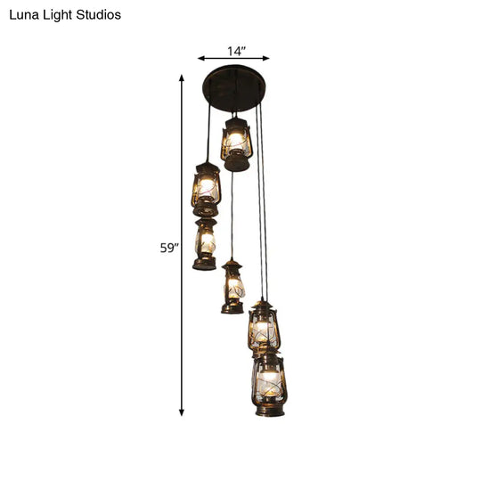 Contemporary Bronze Lantern Stair Pendant - 6 Bulbs Metallic Hanging Lamp