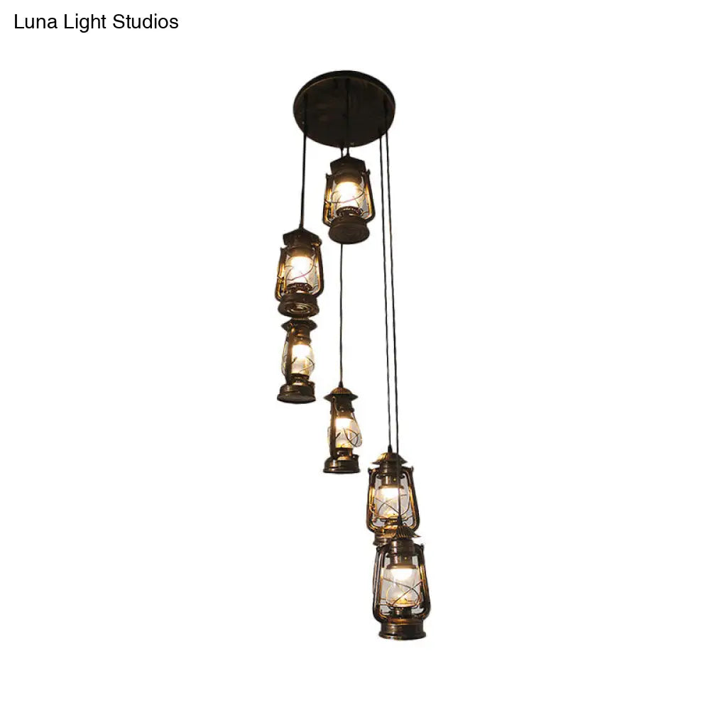 Contemporary Bronze Lantern Stair Pendant - 6 Bulbs Metallic Hanging Lamp