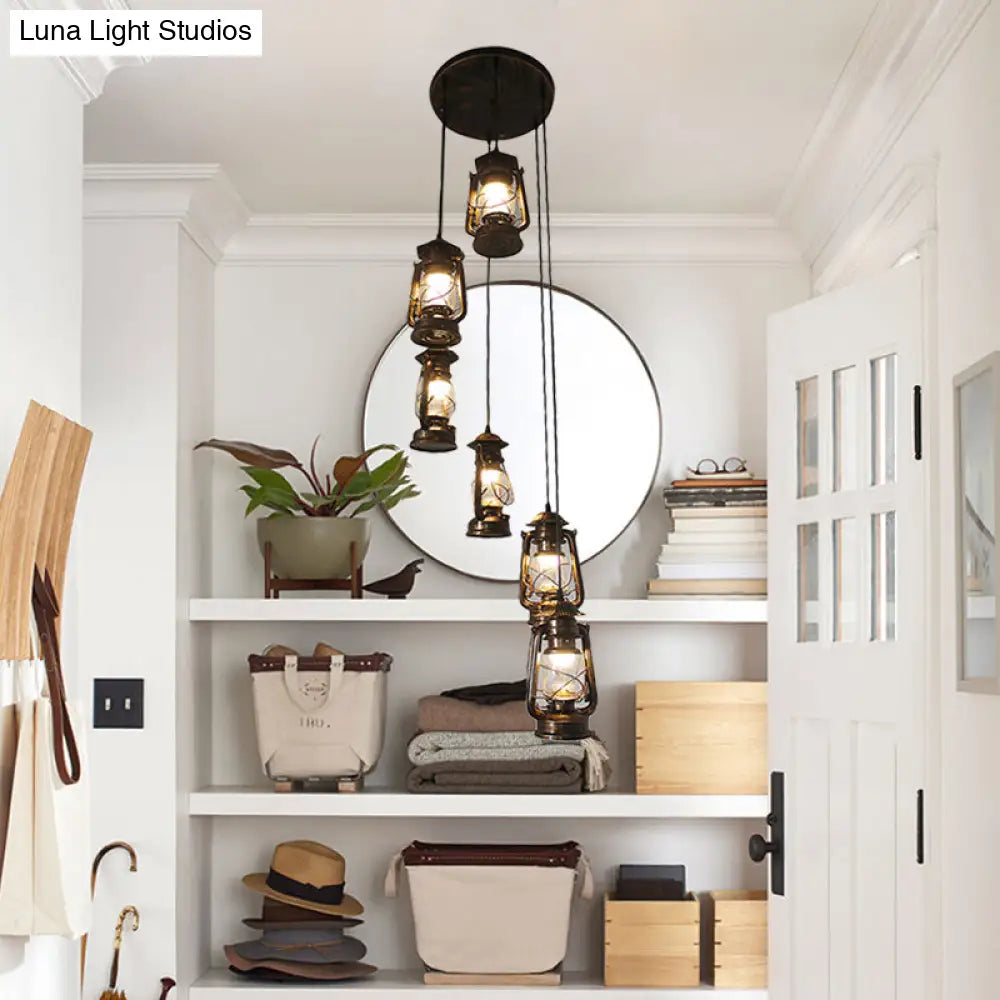 Contemporary Bronze Lantern Stair Pendant - 6 Bulbs Metallic Hanging Lamp