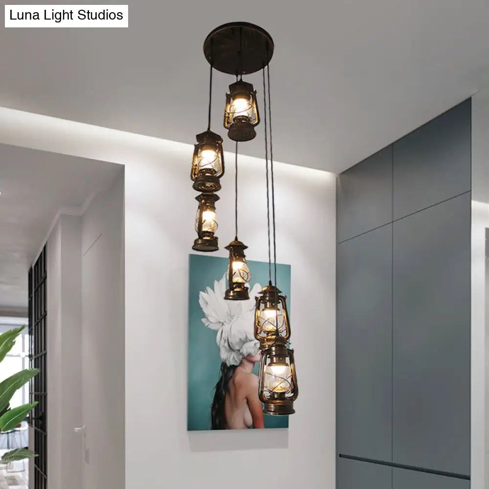 Contemporary Bronze Lantern Stair Pendant - 6 Bulbs Metallic Hanging Lamp