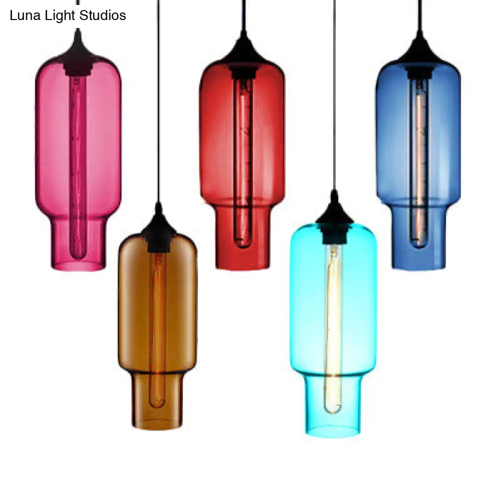 Contemporary Bottle Glass Pendant Light With Red/Brown/Blue Hue