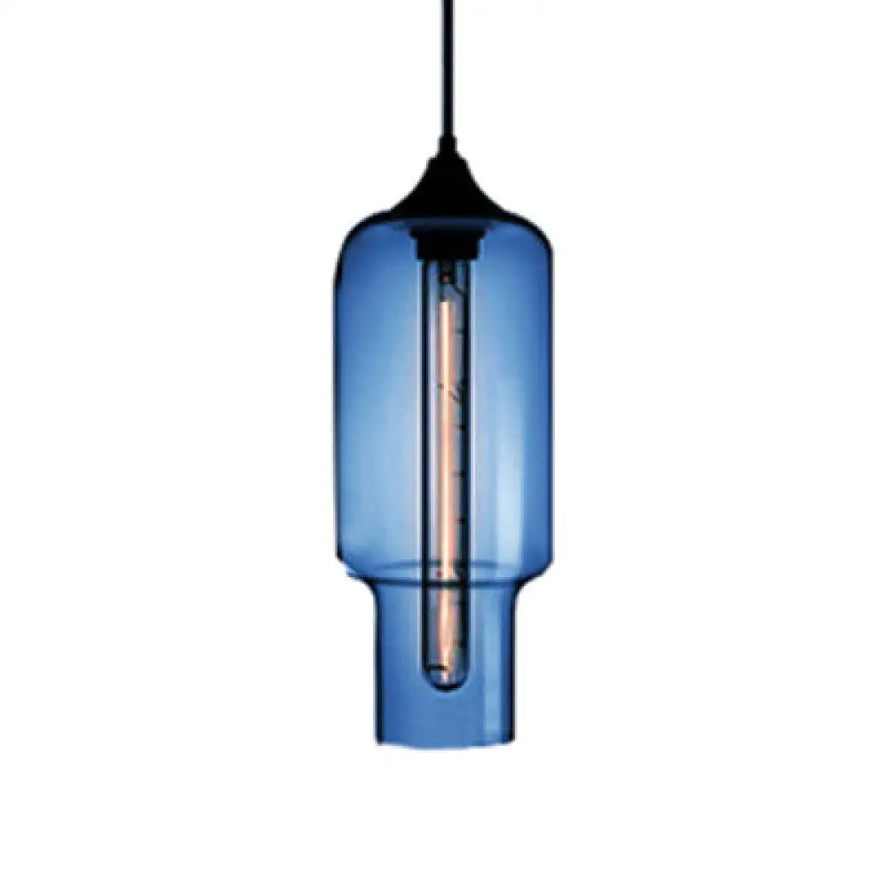 Contemporary Ceiling Pendant Light With Colorful Bottle Glass Shade - 1 Hanging Fixture Dark Blue