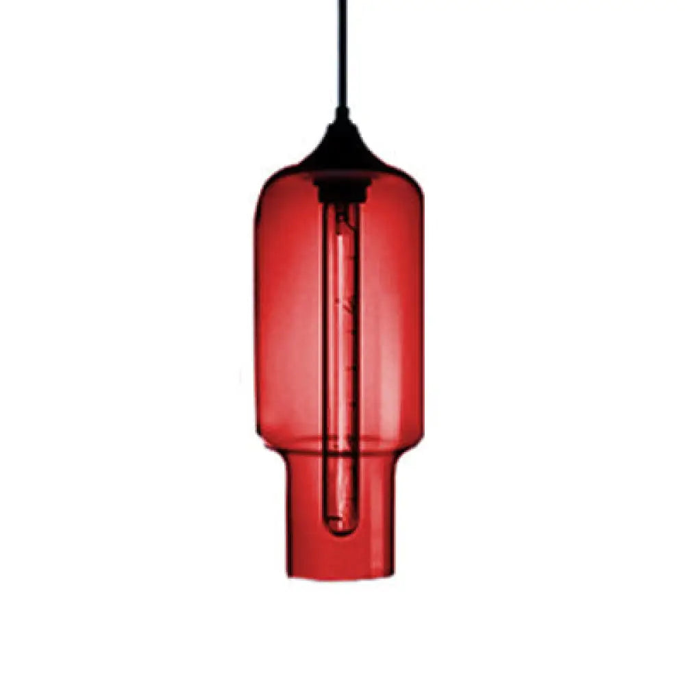 Contemporary Ceiling Pendant Light With Colorful Bottle Glass Shade - 1 Hanging Fixture Red