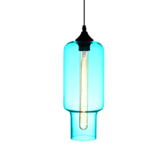 Contemporary Ceiling Pendant Light With Colorful Bottle Glass Shade - 1 Hanging Fixture Sky Blue