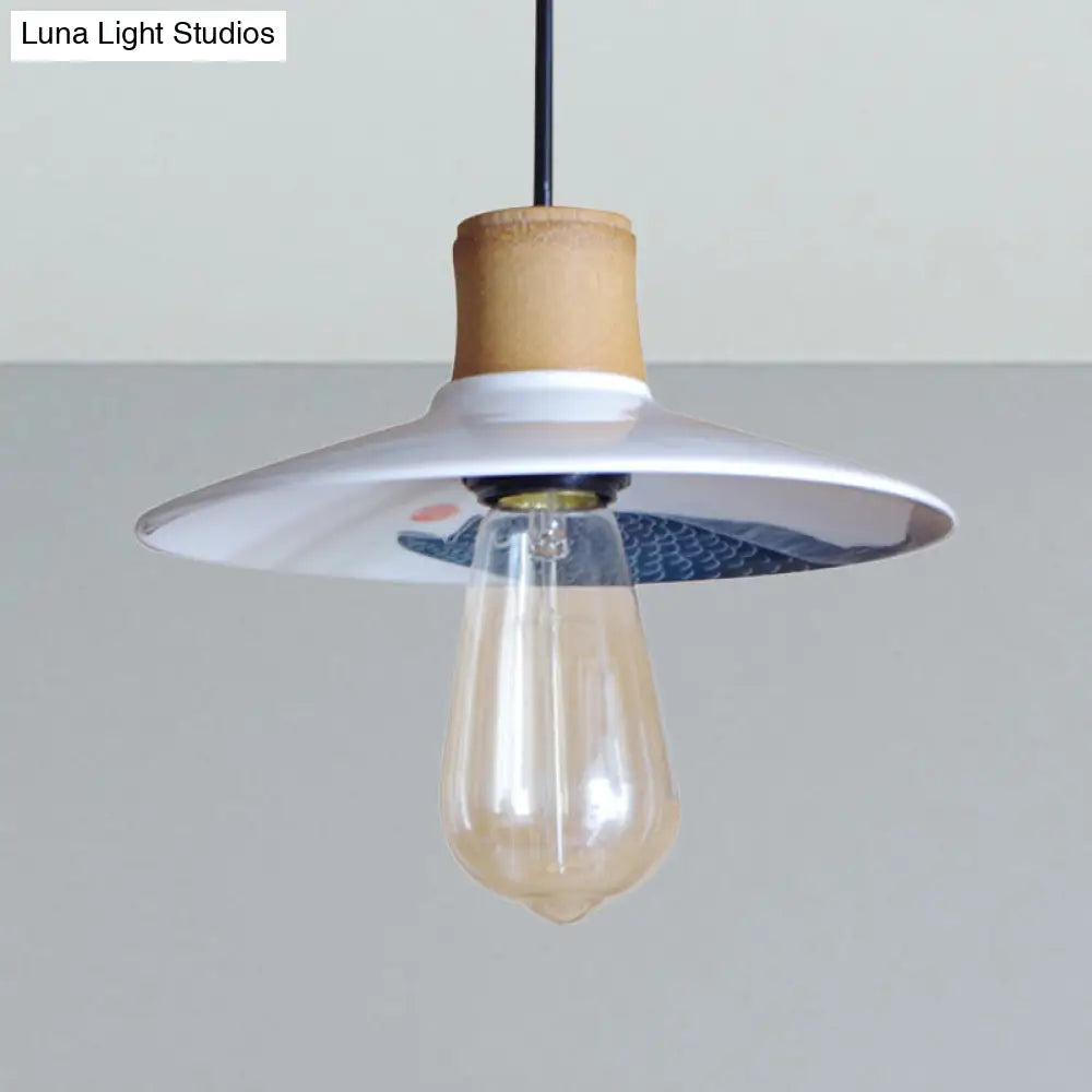Contemporary White Pendant Lamp Saucer Ceramic And Wood 1-Light 8.5/10.5 W Fish Pattern / 8.5
