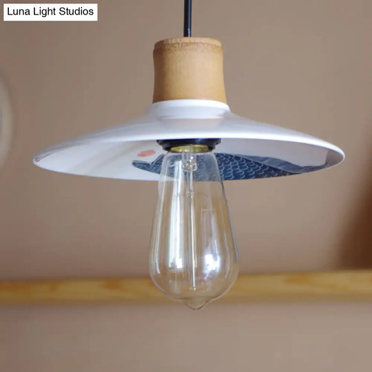 Contemporary White Pendant Lamp Saucer Ceramic And Wood 1-Light 8.5/10.5 W Fish Pattern