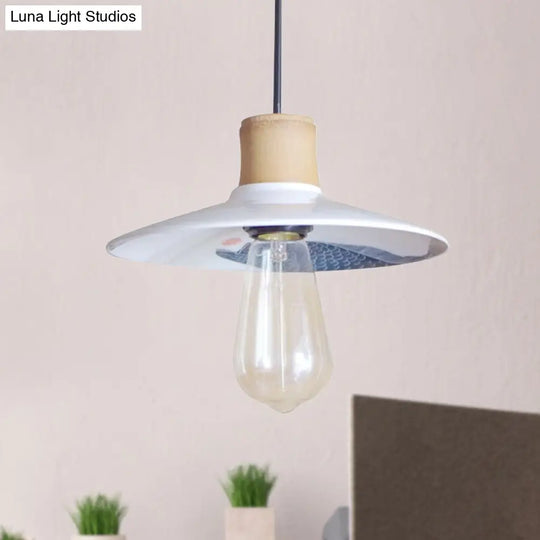 Contemporary White Pendant Lamp Saucer Ceramic And Wood 1-Light 8.5/10.5 W Fish Pattern