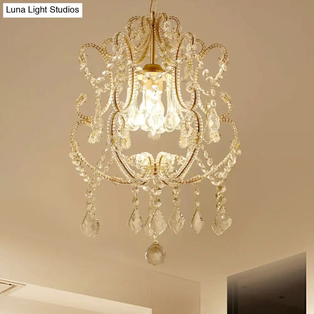 Crystal Suspension Light With Curvy Arm - Contemporary 1-Head Lantern Down Lighting In