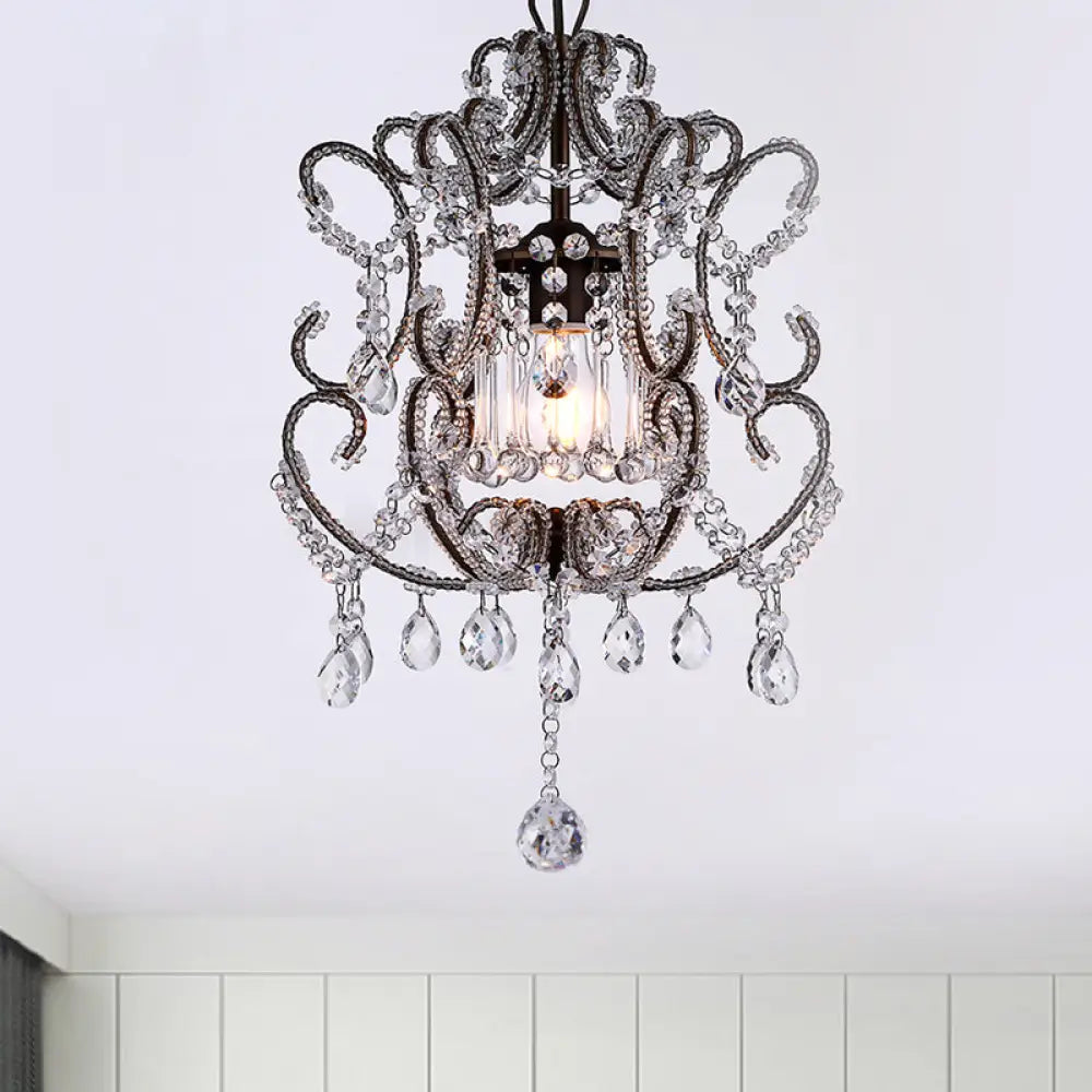 Contemporary Champagne/Coffee Crystal Suspension Light With Curvy Arm - 1-Head Lantern Down