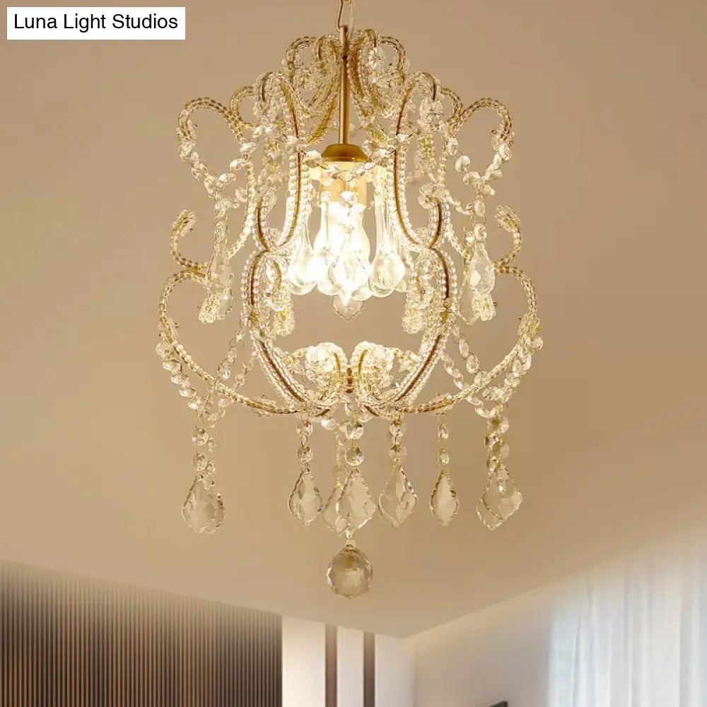 Crystal Suspension Light With Curvy Arm - Contemporary 1-Head Lantern Down Lighting In