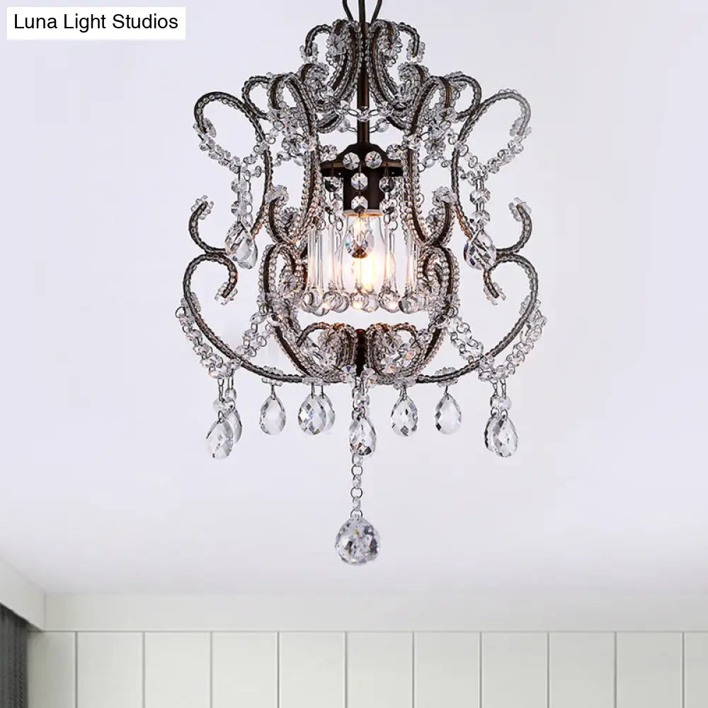 Crystal Suspension Light With Curvy Arm - Contemporary 1-Head Lantern Down Lighting In