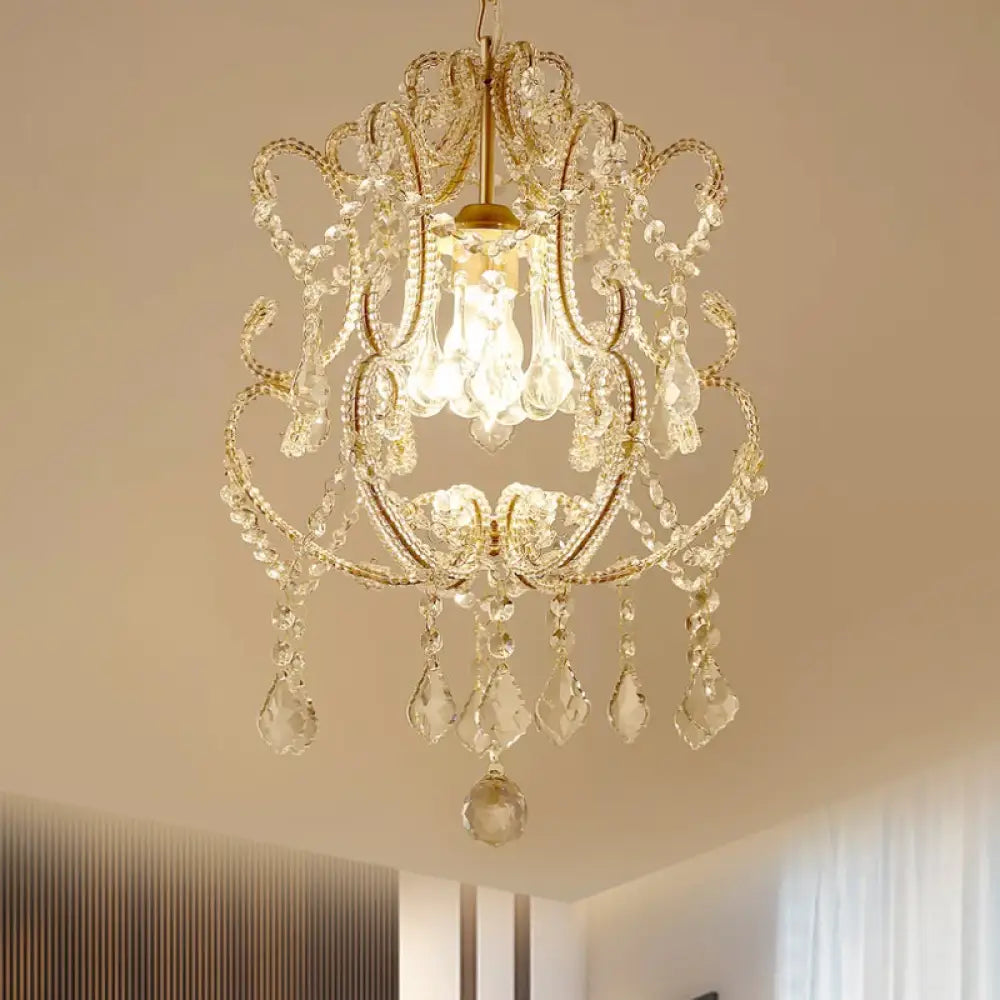 Contemporary Champagne/Coffee Crystal Suspension Light With Curvy Arm - 1-Head Lantern Down