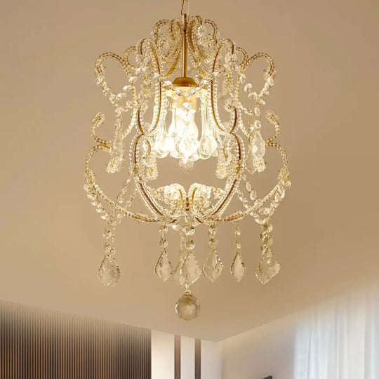 Contemporary Champagne/Coffee Crystal Suspension Light With Curvy Arm - 1-Head Lantern Down