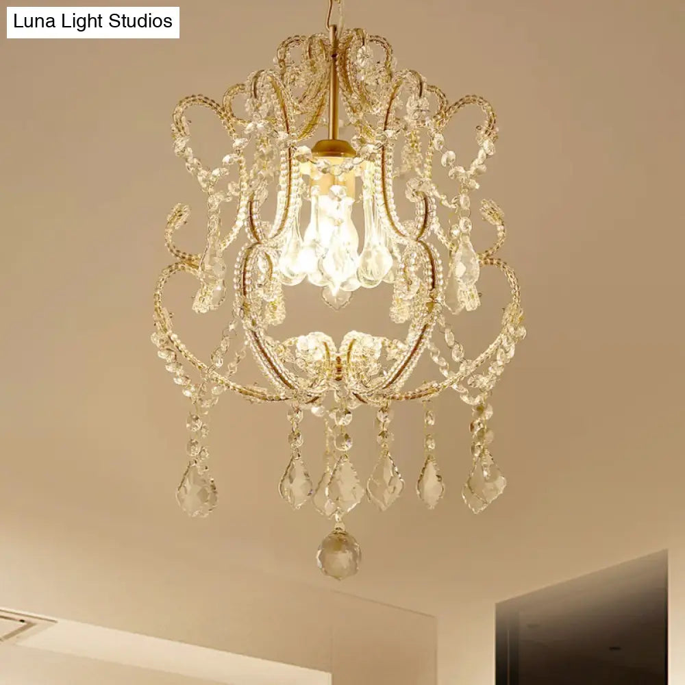 Contemporary Champagne/Coffee Crystal Suspension Light With Curvy Arm - 1-Head Lantern Down Lighting