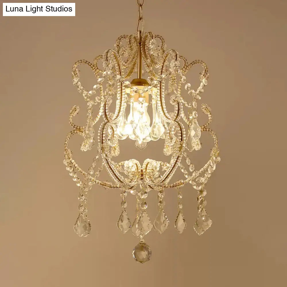 Contemporary Champagne/Coffee Crystal Suspension Light With Curvy Arm - 1-Head Lantern Down Lighting