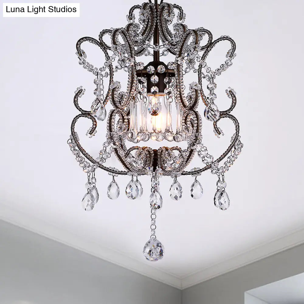 Crystal Suspension Light With Curvy Arm - Contemporary 1-Head Lantern Down Lighting In