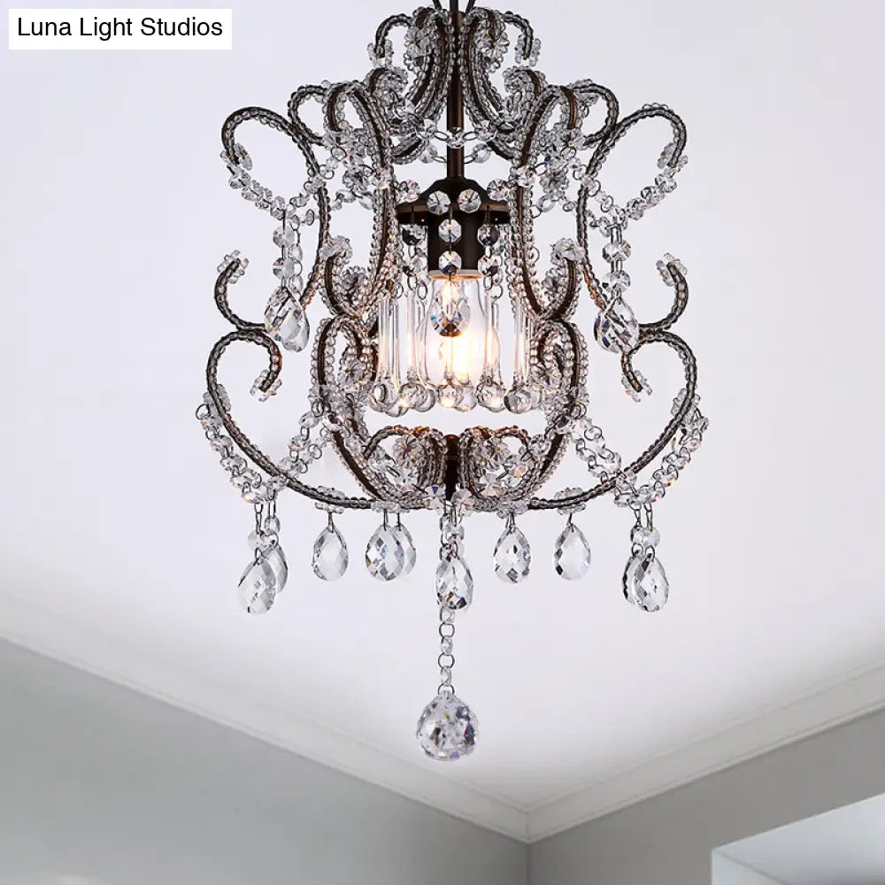 Contemporary Champagne/Coffee Crystal Suspension Light With Curvy Arm - 1-Head Lantern Down Lighting