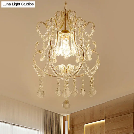 Contemporary Champagne/Coffee Crystal Suspension Light With Curvy Arm - 1-Head Lantern Down Lighting