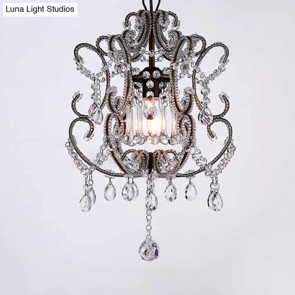 Contemporary Champagne/Coffee Crystal Suspension Light With Curvy Arm - 1-Head Lantern Down Lighting