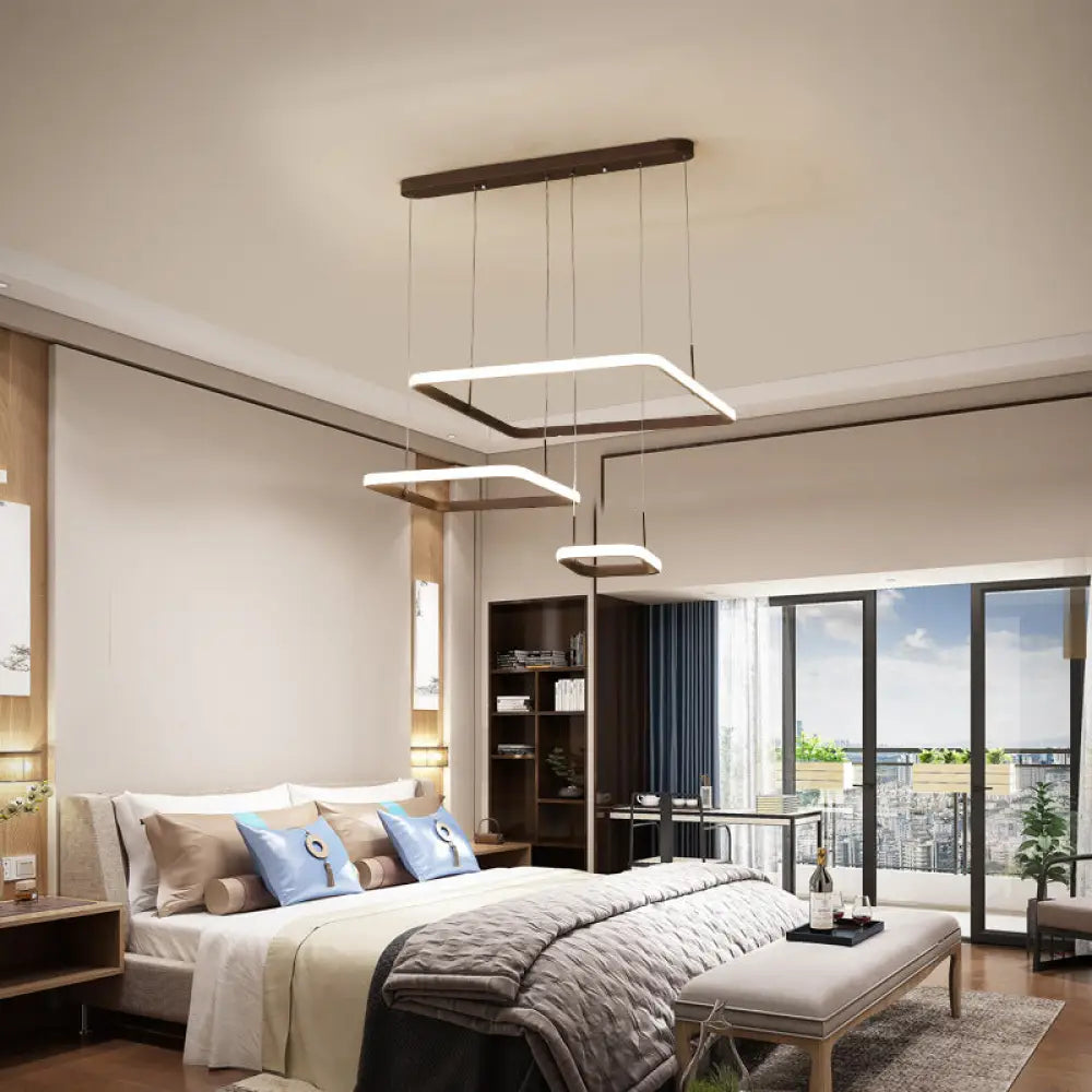 Contemporary Chandelier Lamp - Modern Brown Rectangle Suspension Light With Acrylic Shade In