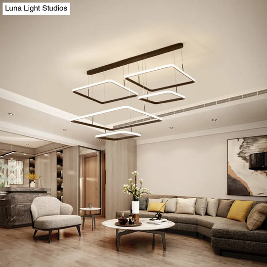 Contemporary 2/3/5-Head Chandelier Lamp - Brown Rectangle Suspension Light With Acrylic Shade In