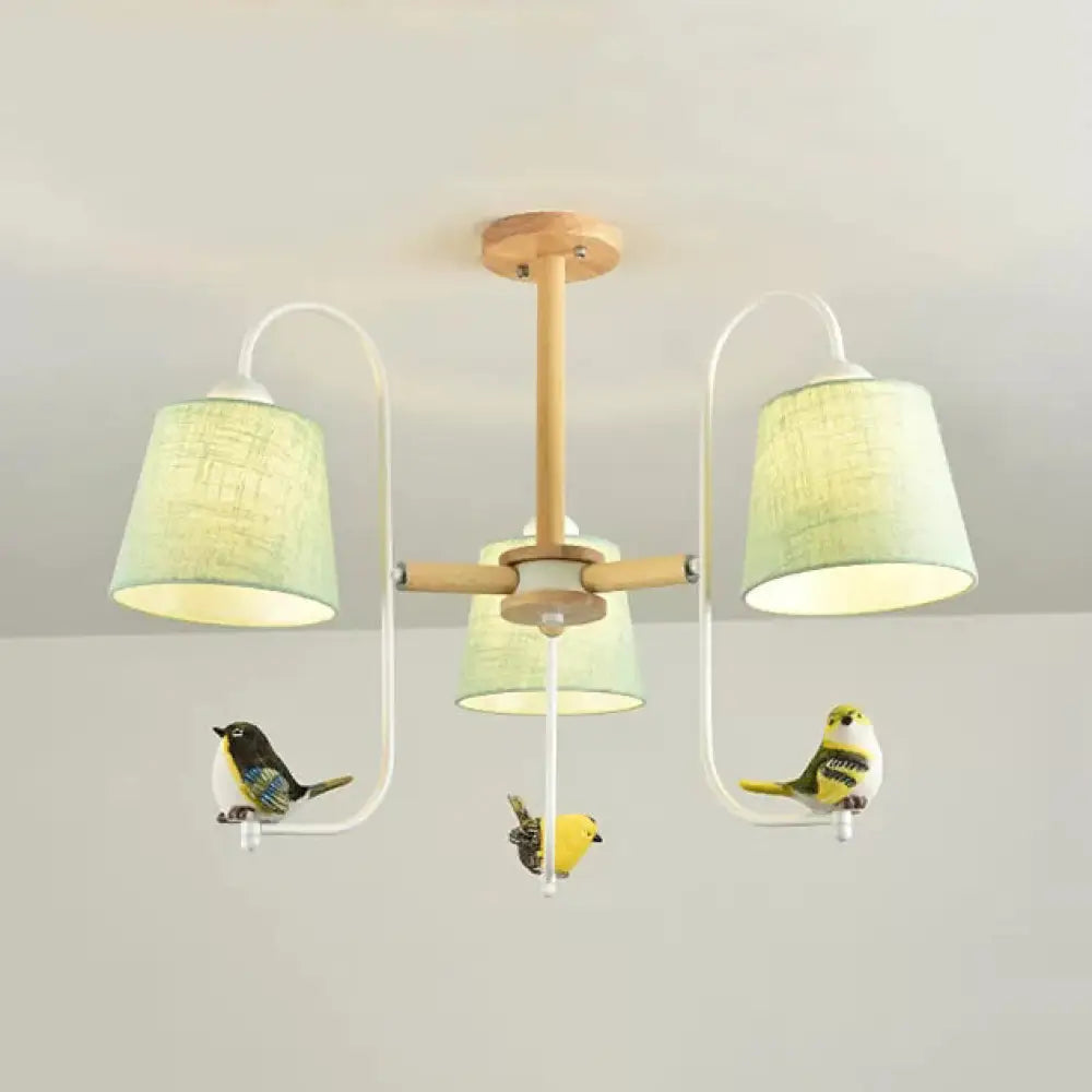 Contemporary Chandelier Light With Tapered Shade - Fabric & Wood Ideal For Child Bedroom 3 / Green C