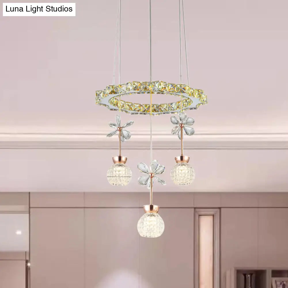 Contemporary Chandelier Pendant Light With Chrome Circle/Gear Design Crystal Dimpled Shade - 1/3/5