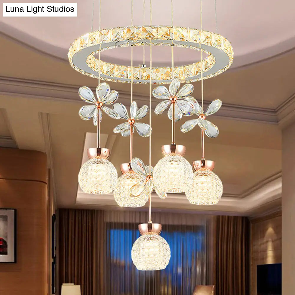 Contemporary Chandelier Pendant Light With Chrome Circle/Gear Design Crystal Dimpled Shade - 1/3/5