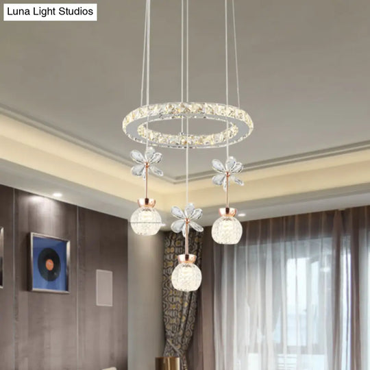 Contemporary Chandelier Pendant Light With Chrome Circle/Gear Design Crystal Dimpled Shade - 1/3/5