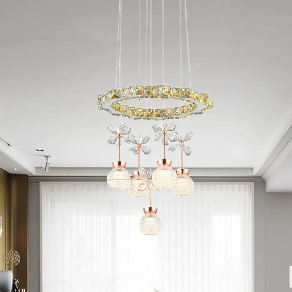 Contemporary Chandelier Pendant Light With Crystal Shade - Modern Chrome Circle/Gear Design (1/3/5